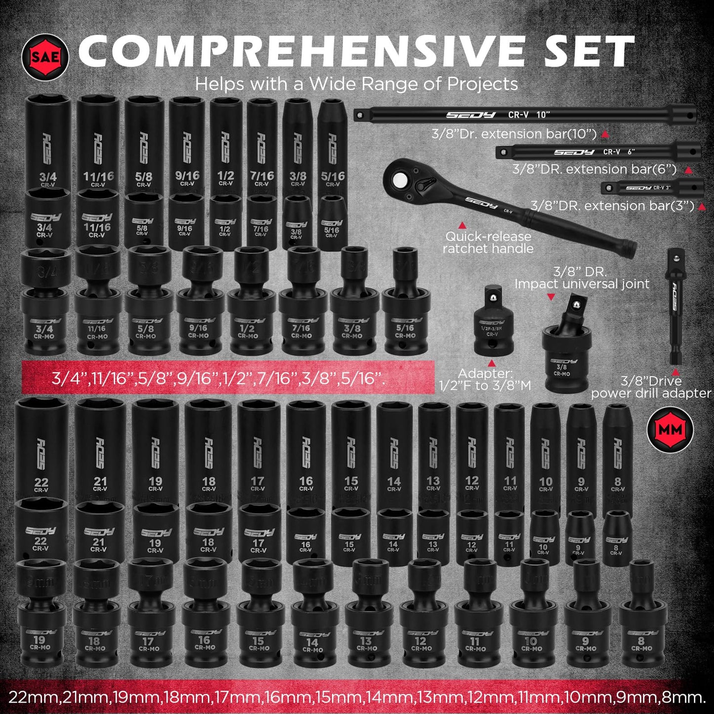 29-Piece 1/2" Drive Impact Socket Set, SAE (3/8 to 1 inch) and Metric (10-24mm) Sizes with Extension Bars Standard Deep Socket Set CR-V Material High Durability Impact Wrench