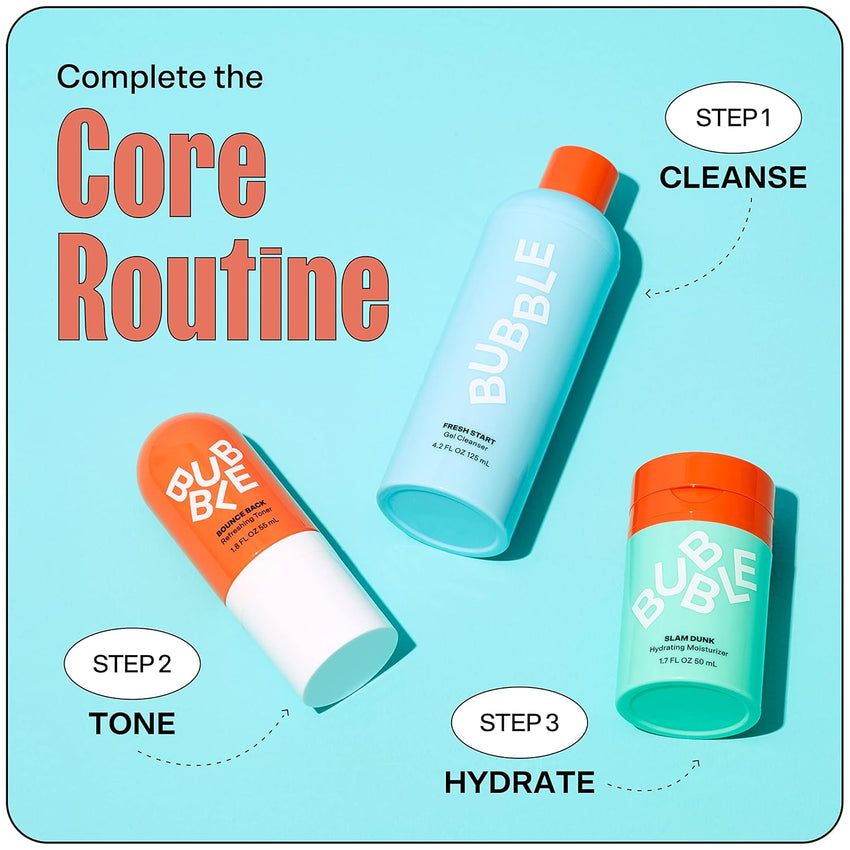 Bubble Skincare Slam Dunk Hydrating Face Lotion (50ml) + Fresh Start Gel Face Wash (125ml) + Bounce Back Hydrating Facial Mist Toner (55ml) - Balancing Skincare Routine
