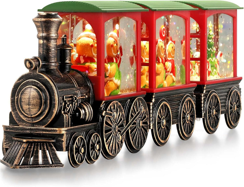 Train Snow Globe Christmas Snow Globe Lantern with Auto 6H Timer and Manual Glitter, Lighted Christmas Decorations Indoor with Santa Claus Reindeer Tree for Home Tabletop, Battery Operated