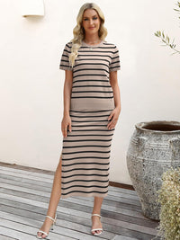 ANRABESS Womens 2 Piece Outfits Striped Sweater Skirt Sets 2025 Summer Casual Short Sleeve Pullover Tops Travel Midi Dress