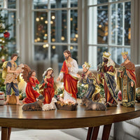 Nativity Scene Set with LED Lights,15.3" Resin Holy Family Character Stables Sculpture Manger Figurine for Indoor Tabletop Fireplace Christmas Decorations