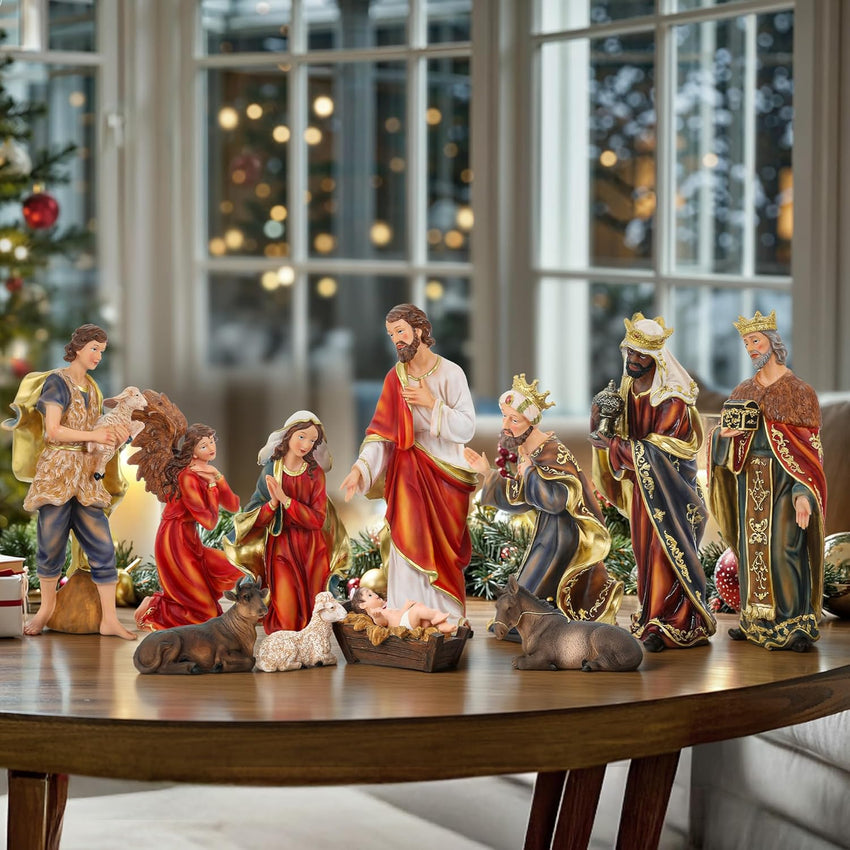 Nativity Scene Set with LED Lights,15.3" Resin Holy Family Character Stables Sculpture Manger Figurine for Indoor Tabletop Fireplace Christmas Decorations