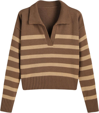 CIDER Women’s Polo Sweater Striped Collared Lightweight Long Sleeve V Neck Pullover Fall Sweater Tops 2025