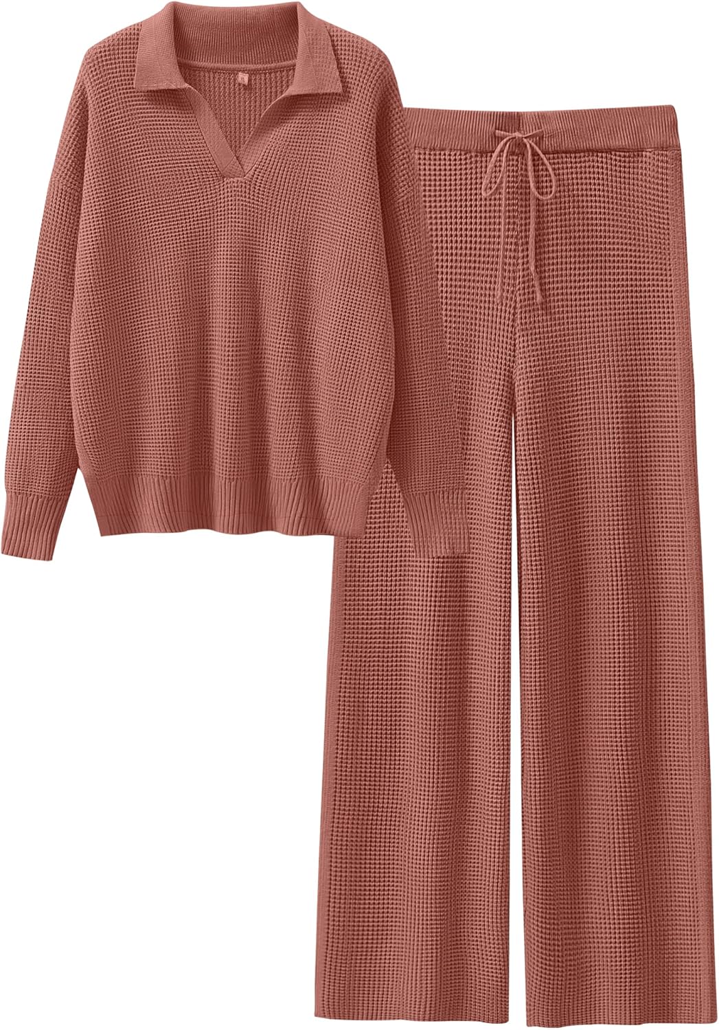 ANRABESS Women Two Piece Outfits Sweater Sets Lounge Waffle Knit Pullover Matching Wide Leg Pants Tracksuit 2025 Fall Fashion