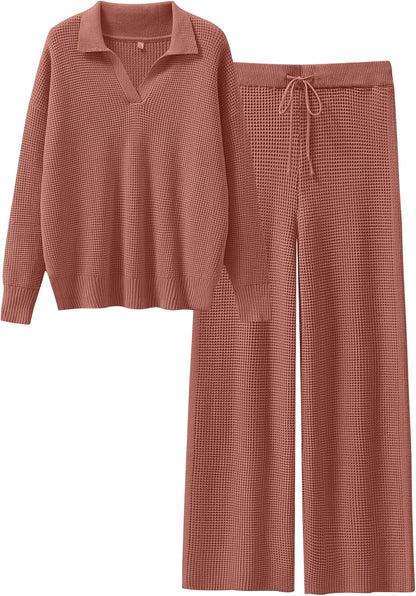 ANRABESS Women Two Piece Outfits Sweater Sets Lounge Waffle Knit Pullover Matching Wide Leg Pants Tracksuit 2025 Fall Fashion