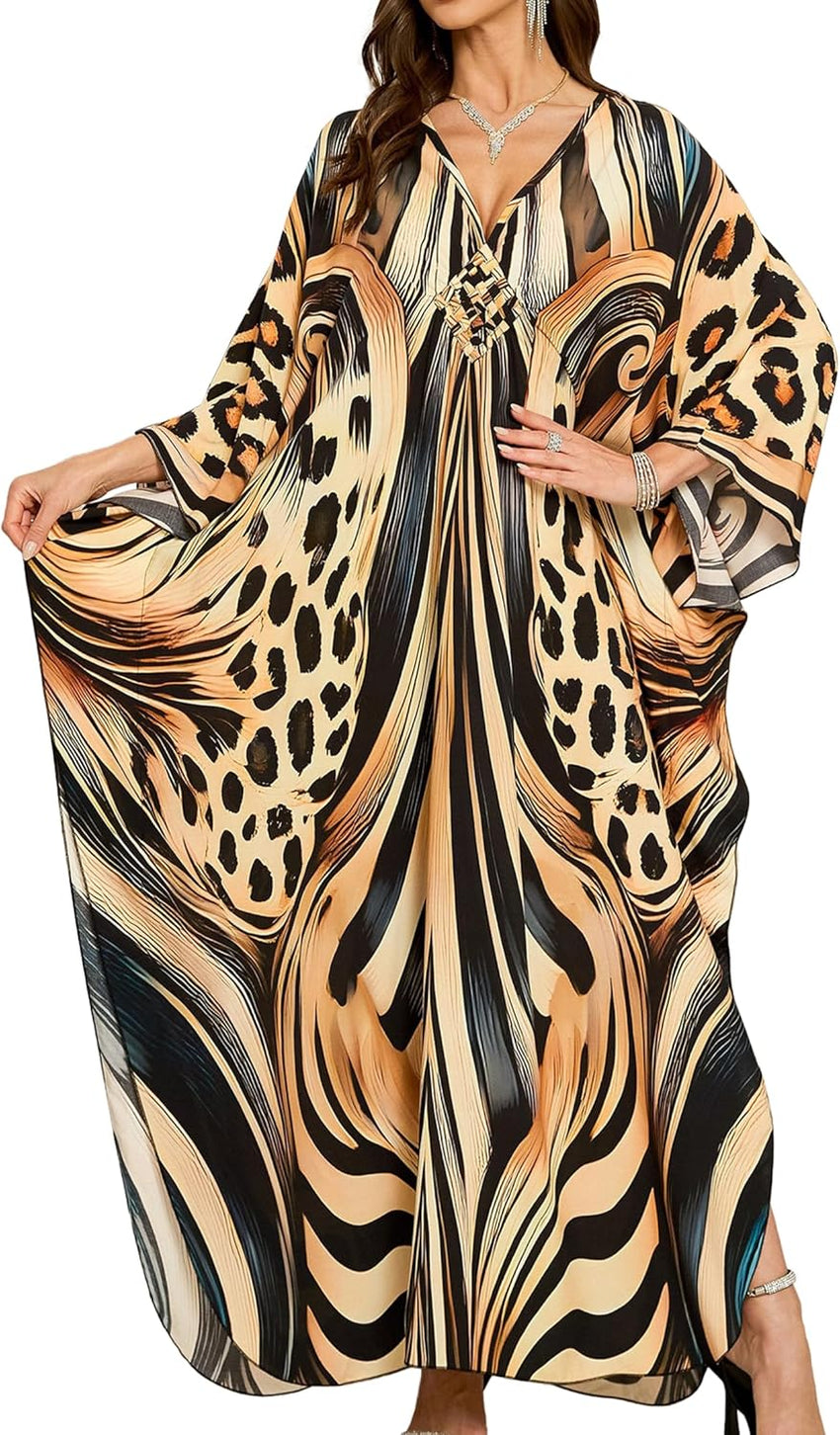 Women Kaftan Dresses Plus Size V-Neck Batwing Sleeves Beach Cover Up 2025 Summer Floral Print Caftan Dress