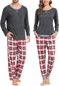 SWOMOG Couples Pajama Sets Women & Men Long Sleeve Sleepwear Top Plaid Pants Loungewear Set with Pockets