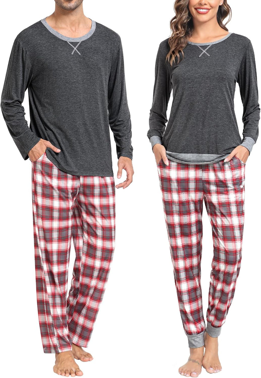 SWOMOG Couples Pajama Sets Women & Men Long Sleeve Sleepwear Top Plaid Pants Loungewear Set with Pockets