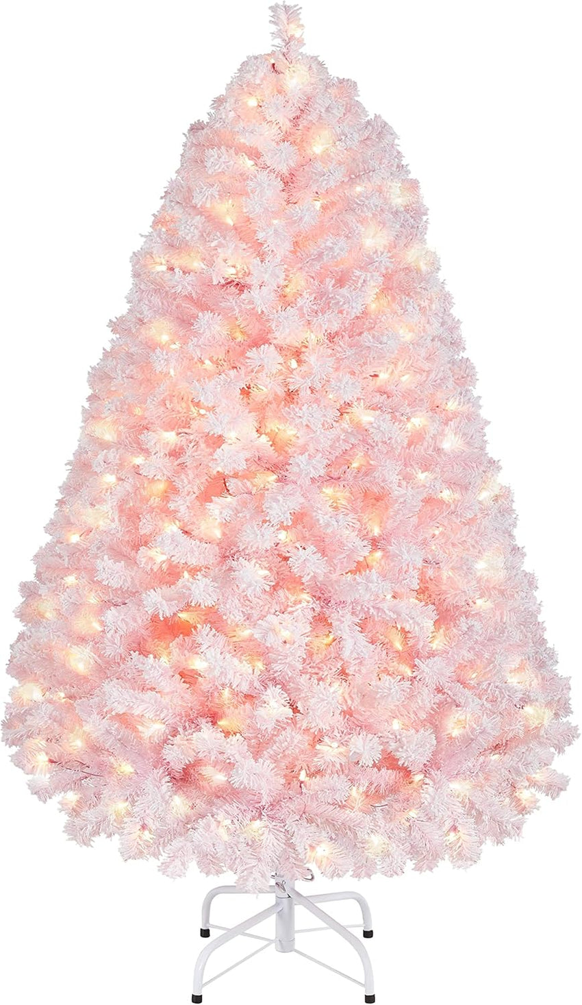 Yaheetech 6ft Snow Flocked Pre-lit Christmas Tree with 250 Warm White Lights, 820 Lush Branch Tips & Quick-Assembly Hinged Design, Full Artificial Xmas Tree for Winter Holiday Décor, Green & White