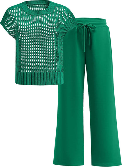 ANRABESS Women Two Piece Outfits Crochet Sheer Knit Sweater Top Wide Leg Pants Lounge Matching Sets Sweatsuit Travel Clothes