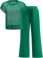 ANRABESS Women Two Piece Outfits Crochet Sheer Knit Sweater Top Wide Leg Pants Lounge Matching Sets Sweatsuit Travel Clothes