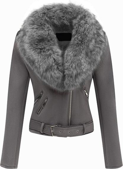 Bellivera Women Faux Leather Suede Jacket Moto Biker Coat Sherpa-Lined Overcoat with Removable Belt