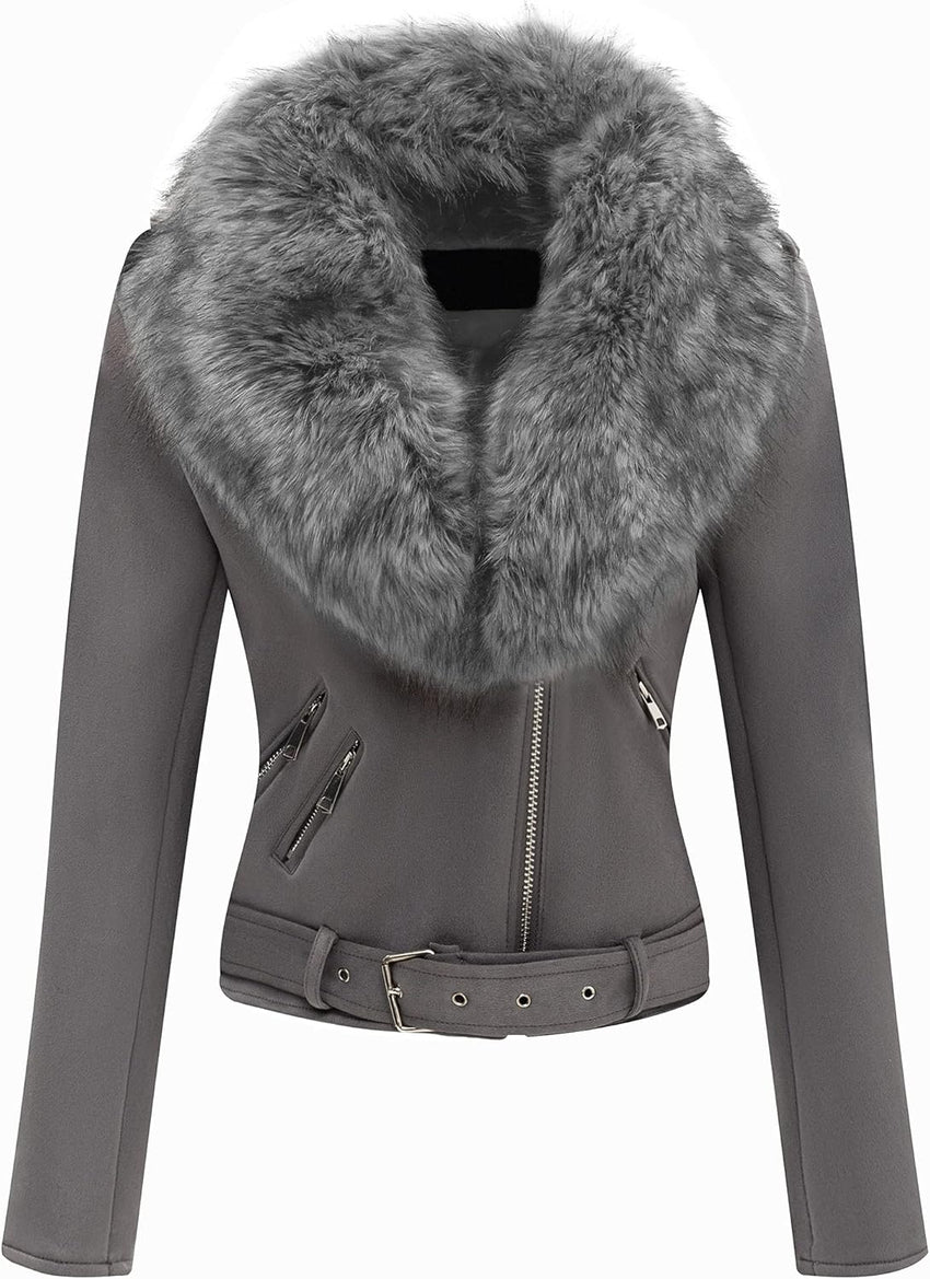 Bellivera Women Faux Leather Suede Jacket Moto Biker Coat Sherpa-Lined Overcoat with Removable Belt