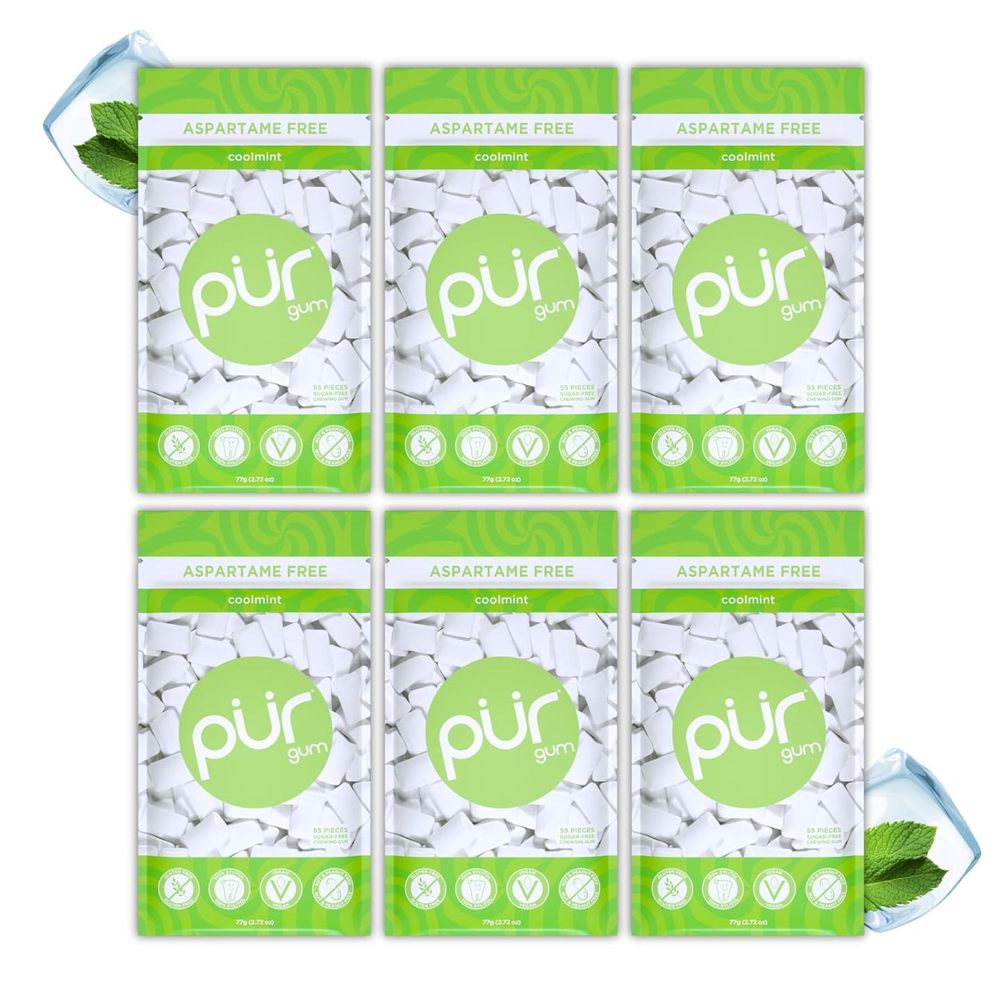 PUR Gum | Aspartame Free Chewing Gum | 100% Xylitol | Natural Spearmint Flavored Gum, 55 Pieces (Pack of 3)