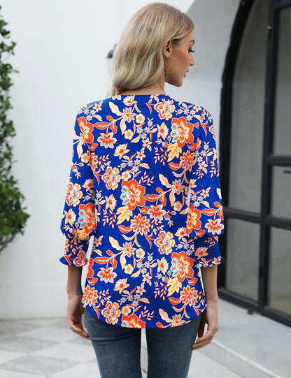 LOMON Blouses for Women Dressy Casual 3/4 Sleeve Tops for Women V Neck T Shirt Ladies Tops and Blouses Orange Blue Print L
