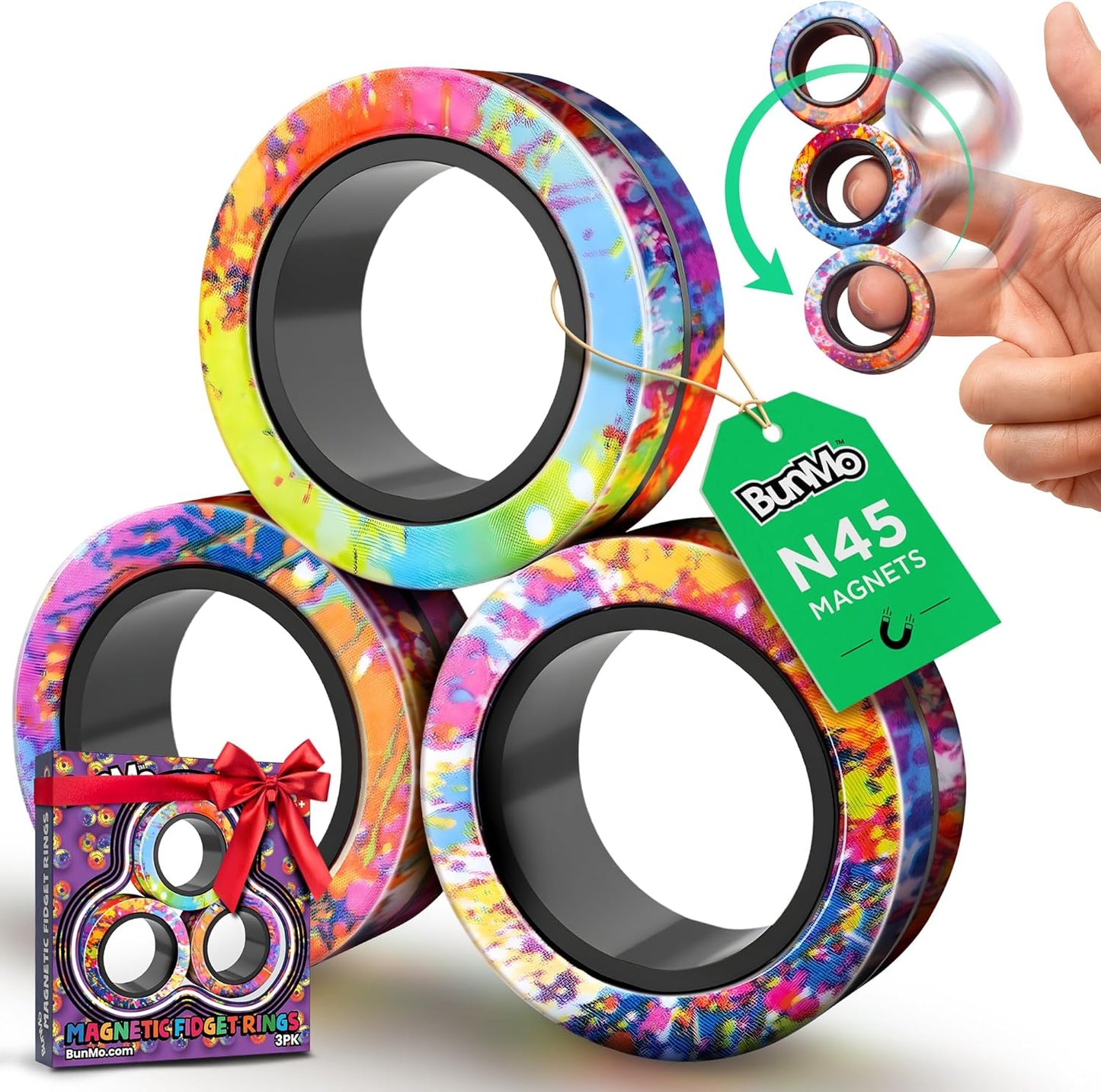 BUNMO Magnetic Rings Stocking Stuffers for Teens - Fidget Toys Adults - Stocking Stuffers for Boys - Magnetic Fidget Rings - Improved Stronger Magnets - Great Teen Gift - Multicolor