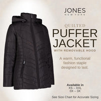 Jones NY Women's Puffer Jacket Zippered Removable Bungee Hood Womens Winter Coat