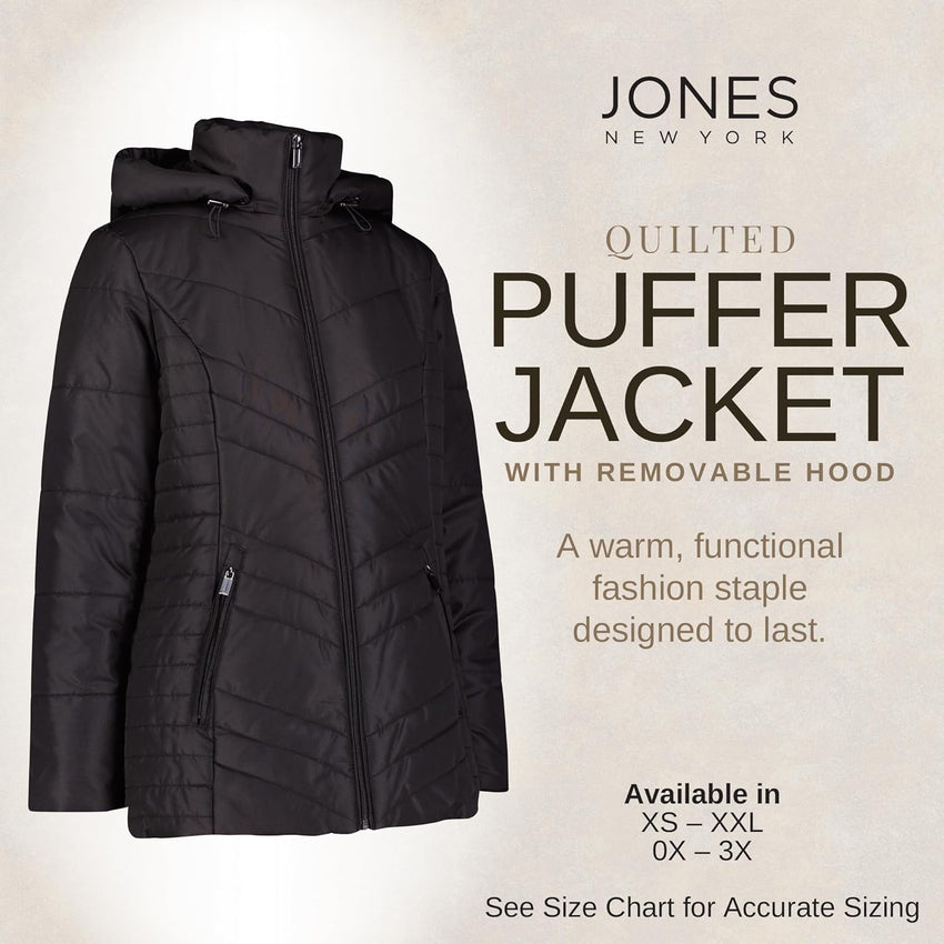 Jones NY Women's Puffer Jacket Zippered Removable Bungee Hood Womens Winter Coat