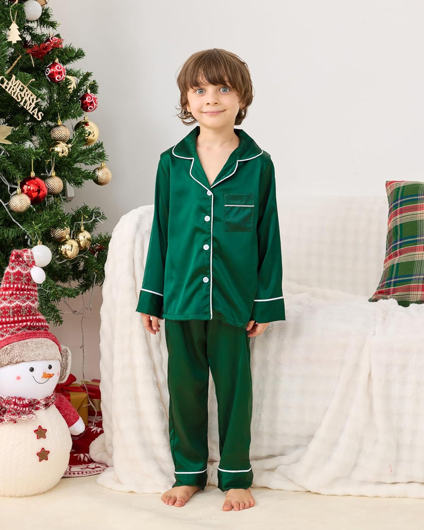 Satin Family Christmas Pajamas Set Soft Button Down Holiday Sleepwear Matching PJs for Couple Men Women Jammies Party