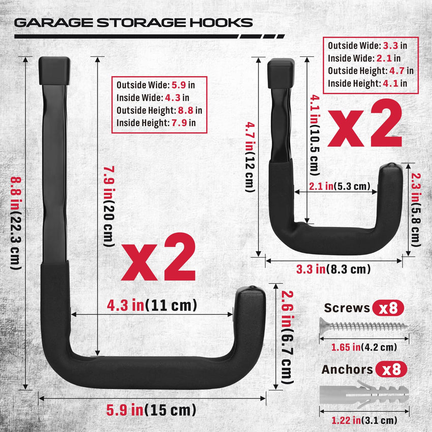 SEDY 6-Piece Heavy Duty Garage Storage Hooks, Wall Mount J Utility Hooks Holds 88 LB, Large Metal Utility, Garage Storage Ladders for Bikes, Garden Tools