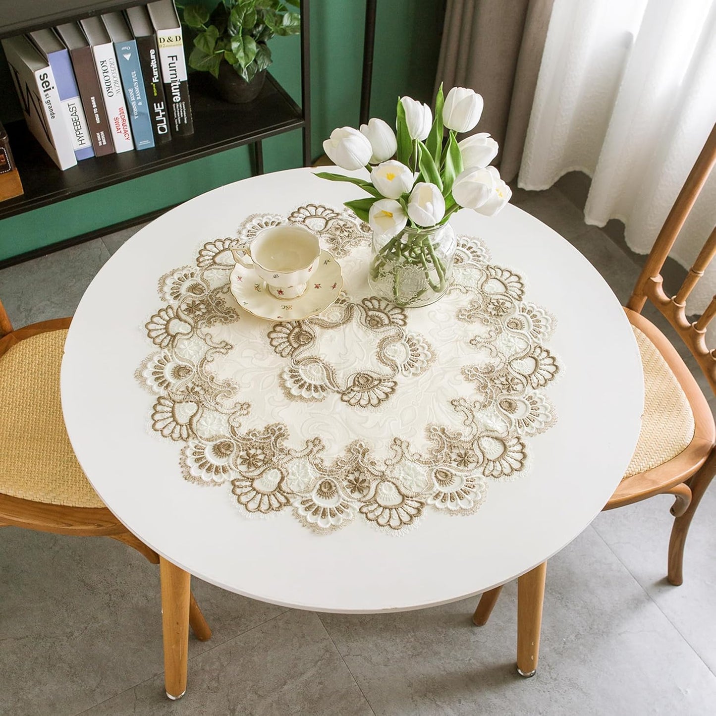 Lace Small Square Tablecloth Embroidered Farmhouse Table Cloth with Macrame Border Side Table Cover for Dresser Beside Table Nightstand Stone 24x24 inch
