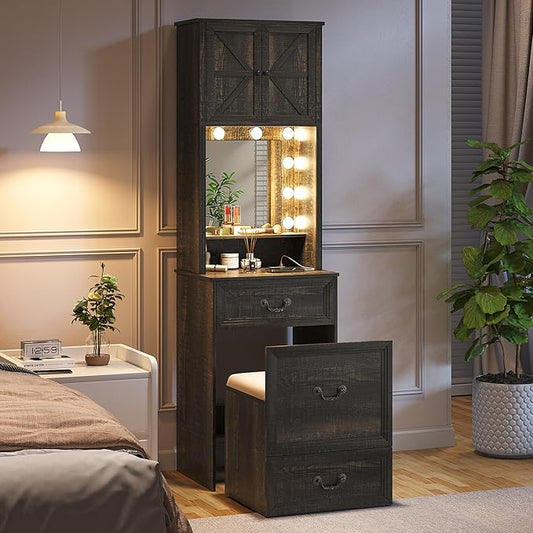 Compact Vanity with Hidden Chair | Mini Dorm Organizers and Storage Dressing Table Desk Gift for Girls Lady with 2 Large Drawers Shelves Mirror Lights for Small Bedroom (White)