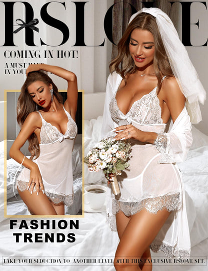 RSLOVE Women Sexy Lingerie Set 3 Piece Babydoll & Lace Kimono Robe Strap Chemise Mesh Nightgown Wine Red M