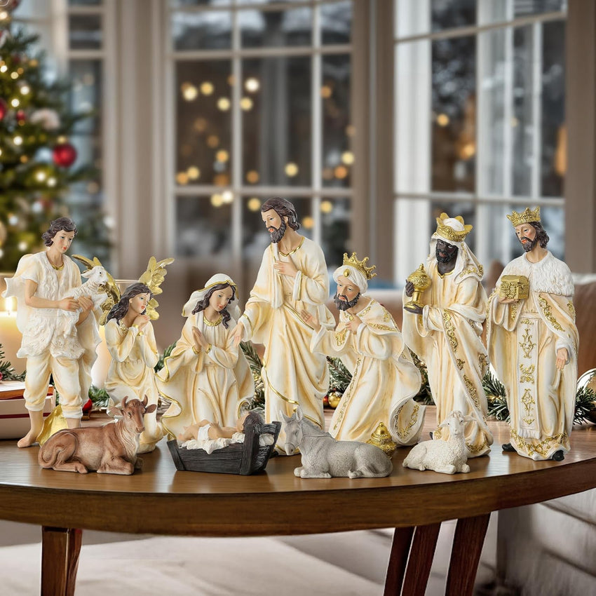 Nativity Scene Set with LED Lights,15.3" Resin Holy Family Character Stables Sculpture Manger Figurine for Indoor Tabletop Fireplace Christmas Decorations