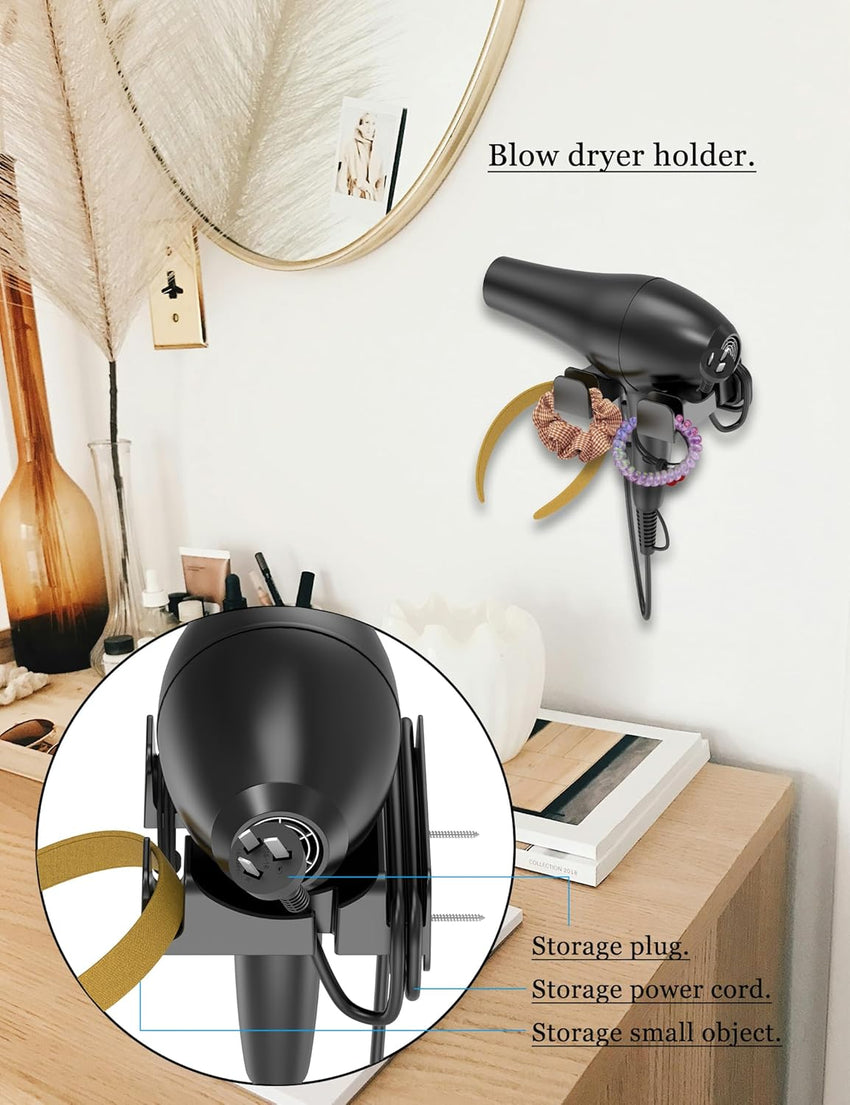 NOTMBESTM Universal Hair Dryer Holder Wall Mounted, Blow Dryer Holder Cabinet Door, Hairdryer Holder for Bathroom, Hair Dryer Storage Rack Fixed by Screw or Adhesive (Black)
