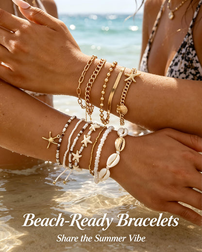 FAXHION Boho Gold Beaded Bracelets for Women, Starfish & Shell Pendant Bracelet Stack, Gold Bracelet Set Summer Beach Jewelry Gifts