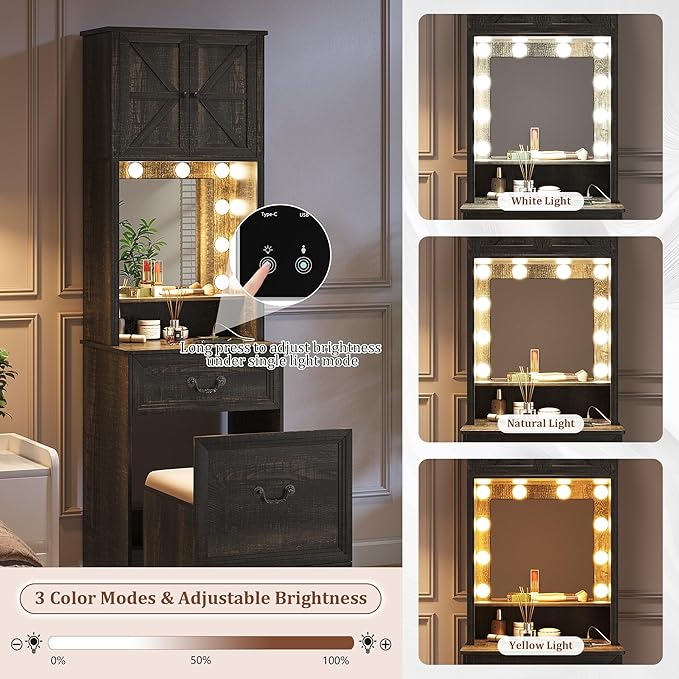 Compact Vanity with Hidden Chair | Mini Dorm Organizers and Storage Dressing Table Desk Gift for Girls Lady with 2 Large Drawers Shelves Mirror Lights for Small Bedroom (White)
