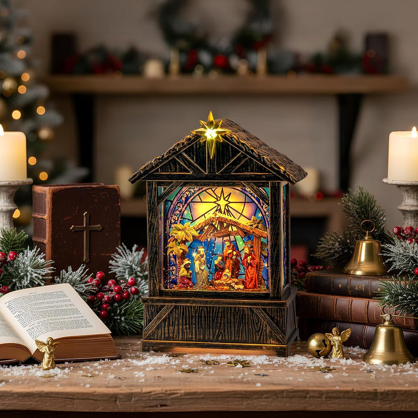 Nativity with Star Musical Lighted Water Creche with Swirling Glitter, Christmas Snow Globe Nativity Manger for Xmas with Music, Holiday Decorations Gifts for Family, Children or Friends