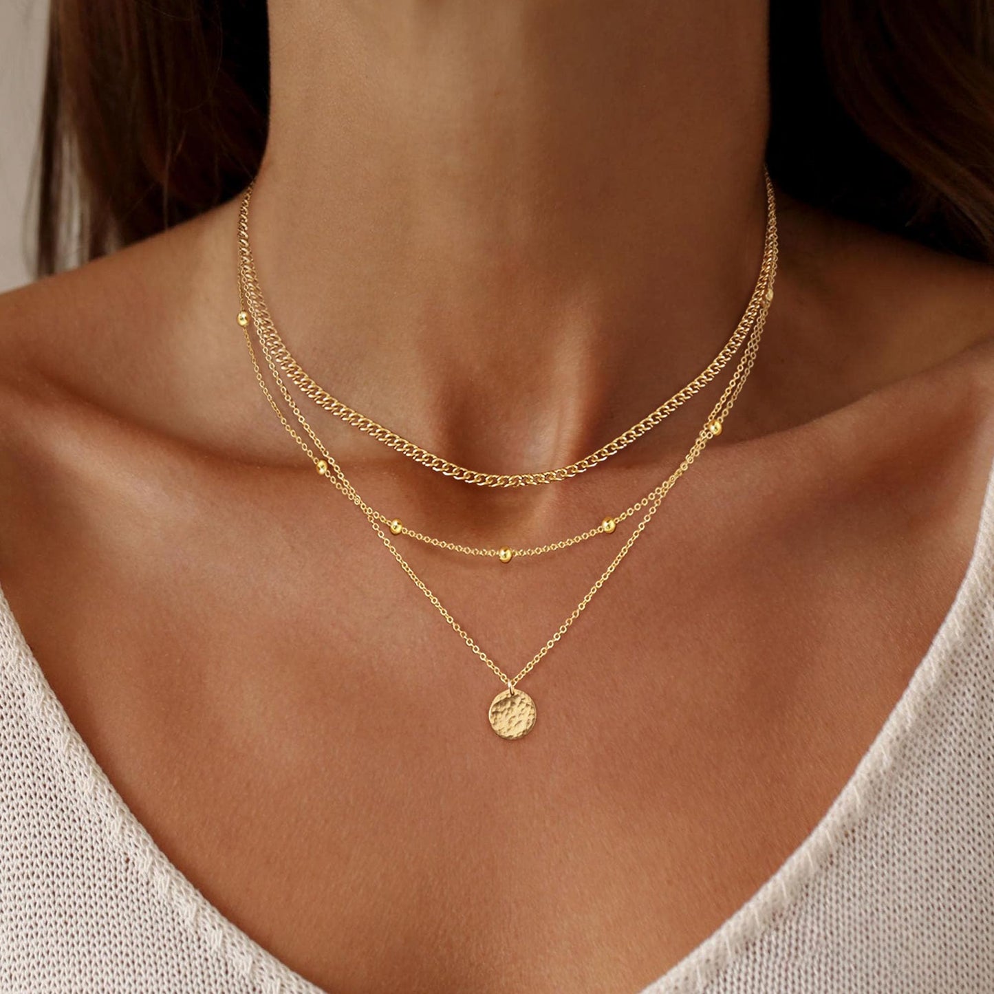 Layered Necklaces for Women, Dainty 14K Gold Plated Circle Peadant Chain Necklace Set Simple Paperclip Stacked Necklaces for Women Trendy Gold Jewelry