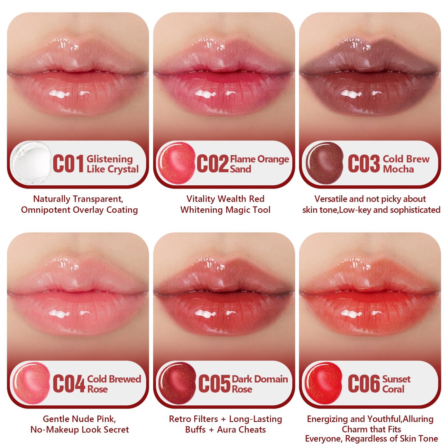 Dmsky 12 Pack Lip Gloss Set, 6 Colors Shiny Soft Lip Gloss Bulk, Lip Oil for Dry Cracked Lips Moisturizing Nourishing,Lip Stain With Rich Varied Colors For Girls and Women Makeup