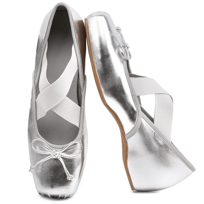 Women's Ballet Flats Square Toe Criss Cross Straps with Bow Low Wedge Shoes