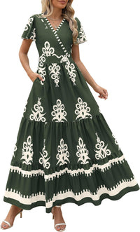 PRETTYGARDEN Womens 2025 Summer Casual V Neck Boho Maxi Dress Flowy Aline Bell Sleeve Tiered Floral Dresses with Pocket