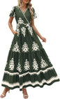 PRETTYGARDEN Womens 2025 Summer Casual V Neck Boho Maxi Dress Flowy Aline Bell Sleeve Tiered Floral Dresses with Pocket