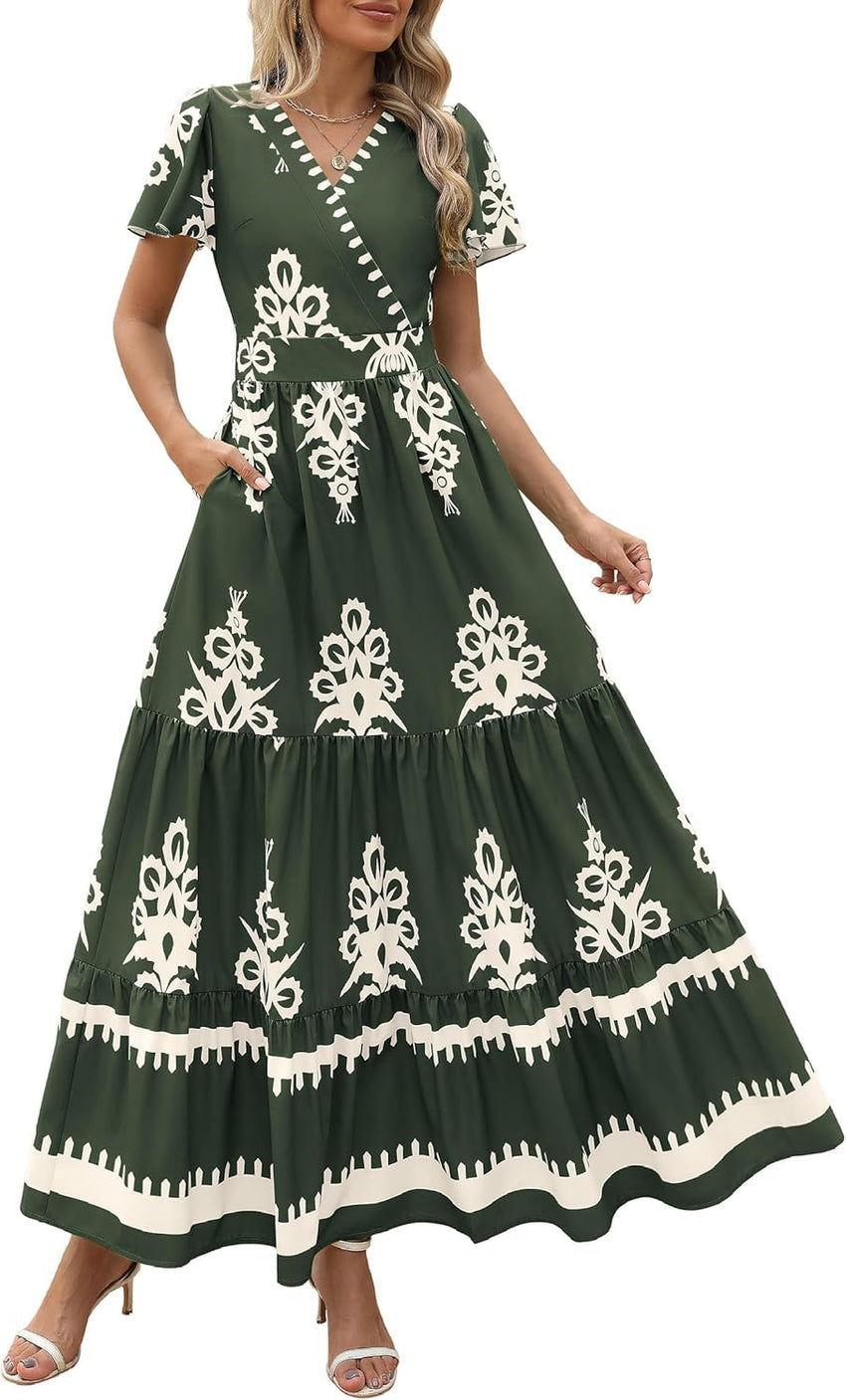 PRETTYGARDEN Womens 2025 Summer Casual V Neck Boho Maxi Dress Flowy Aline Bell Sleeve Tiered Floral Dresses with Pocket