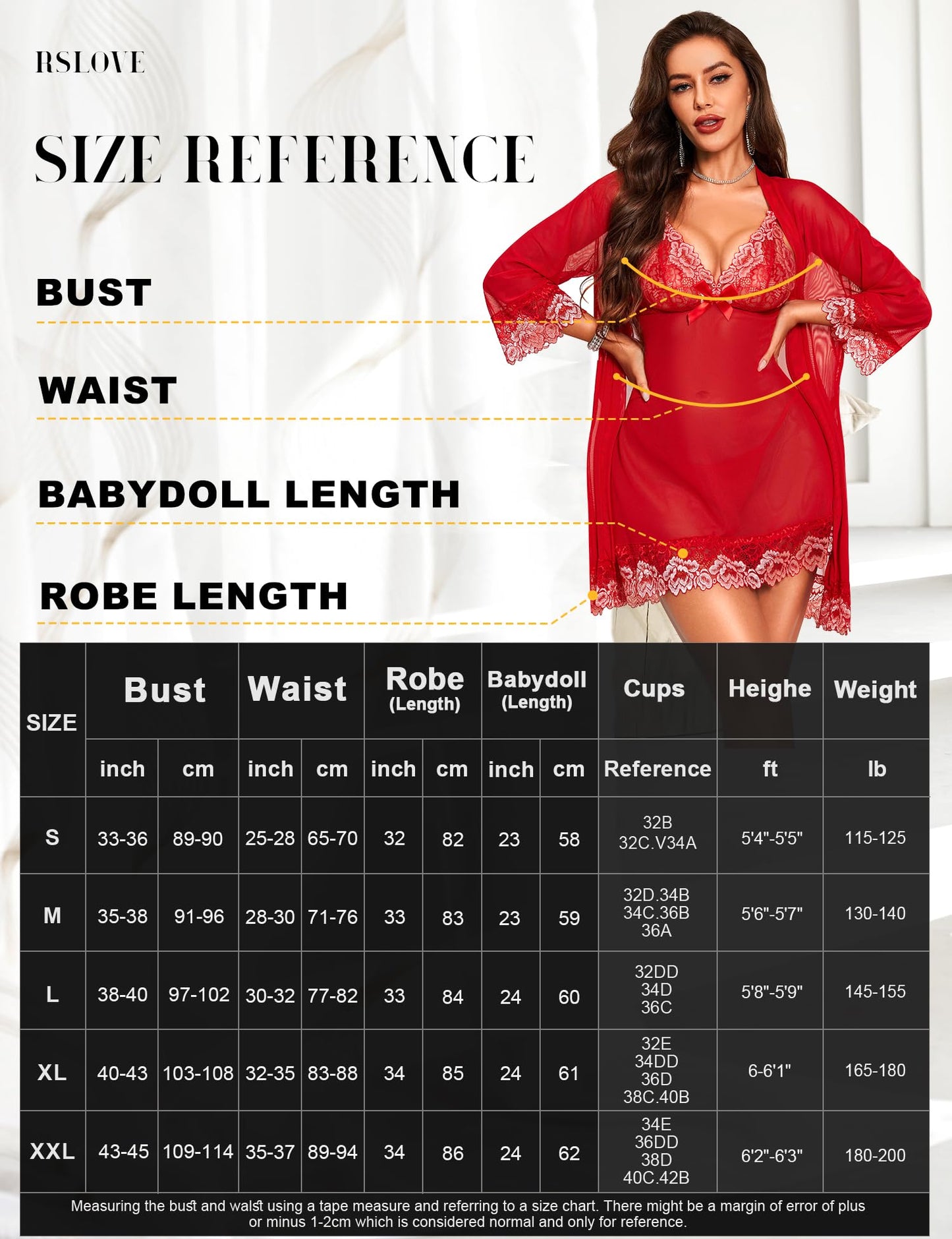RSLOVE Women Sexy Lingerie Set 3 Piece Babydoll & Lace Kimono Robe Strap Chemise Mesh Nightgown Wine Red M