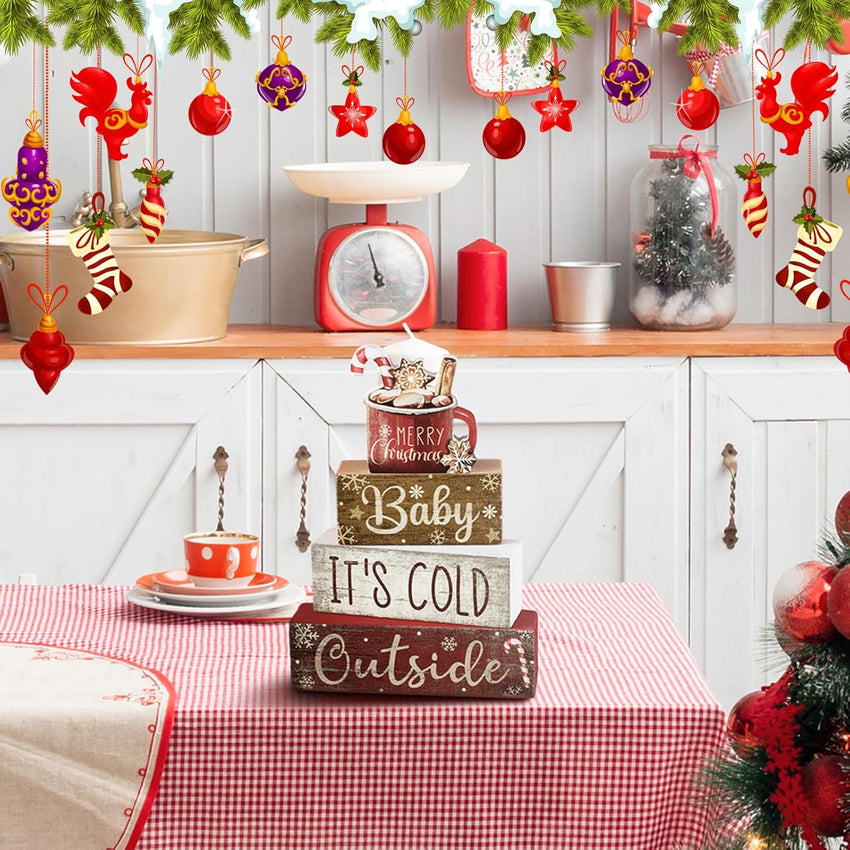 4 Pcs Christmas Table Decor Wooden Hot Cocoa Decoration Christmas Centerpiece Winter Tiered Tray Decor Decorative Red Hot Cocoa Block Signs Gift Farmhouse Xmas Decoration for Home Kitchen