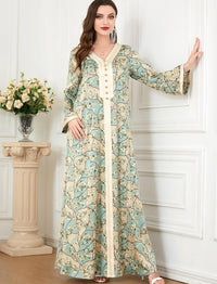 FYMNSI Abaya Dress for Women Muslim Modest Maxi Robe Floral V Neck Eid Prayer Dresses Dubai Clothing Arabian Islamic Kaftan