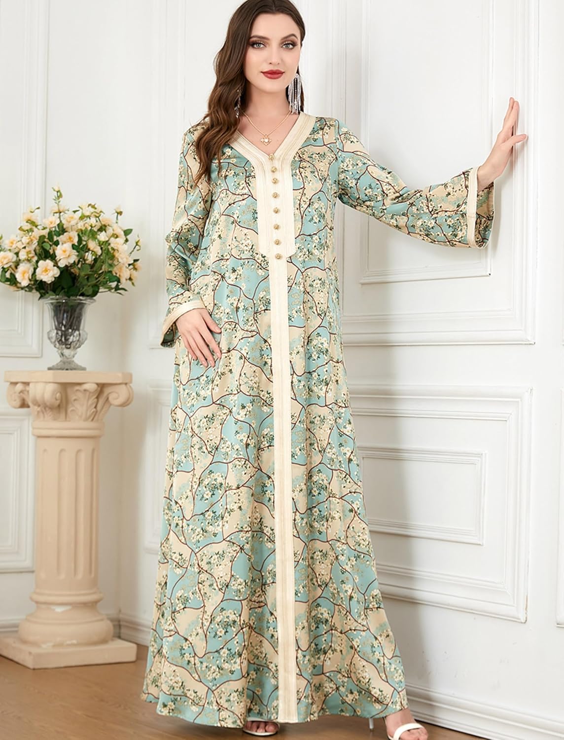 FYMNSI Abaya Dress for Women Muslim Modest Maxi Robe Floral V Neck Eid Prayer Dresses Dubai Clothing Arabian Islamic Kaftan
