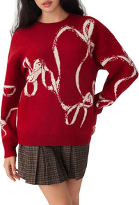 CIDER Womens Sweater Bow Knot Cute Y2k Long Sleeve Crew Neck Pullover Tops