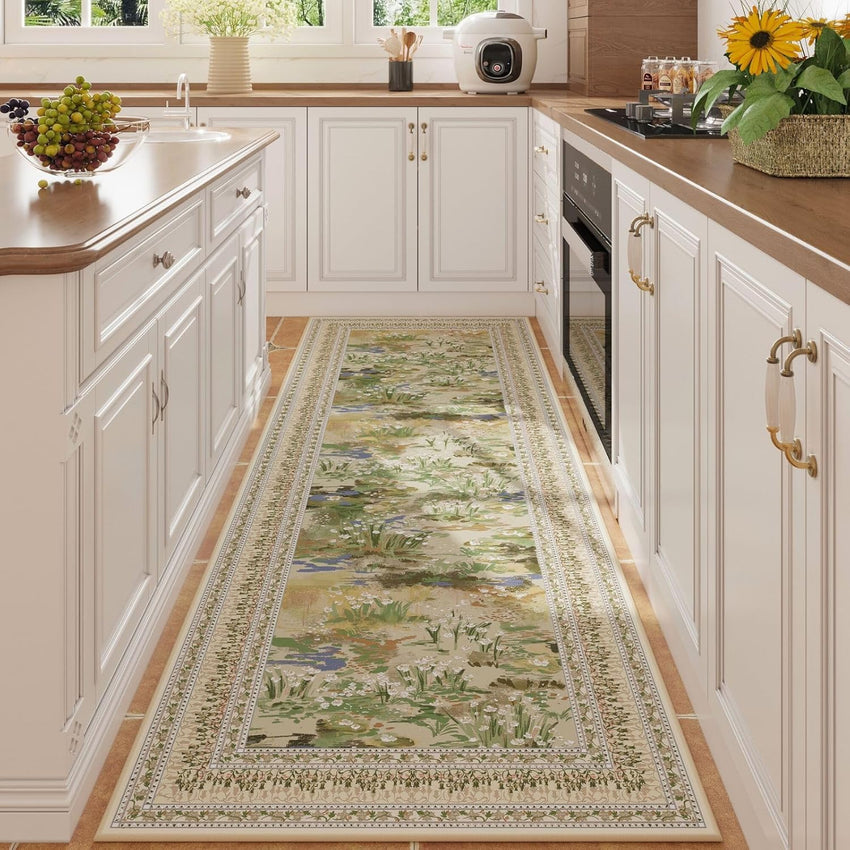 Rugcomf 4x6 Rug for Bedroom Impressionist-Style Vintage Washable Rugs Non Slip Low Pile Small Carpet for Bedside Kids Room Office Dining Room, Green