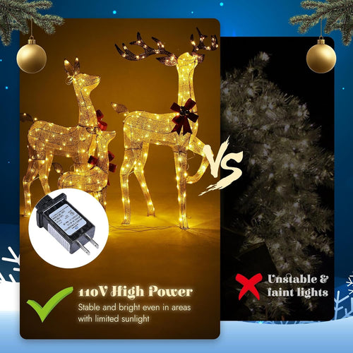 Yescom 3-Piece Large Pre-Lit LED Reindeer Christmas Decor, 110V Plug-in Light Up Deer Family Set Outdoor Decorations for Yard Holiday, 3D Golden Outside Patio Deck Lawn Ornaments with Stack 2025 Xmas