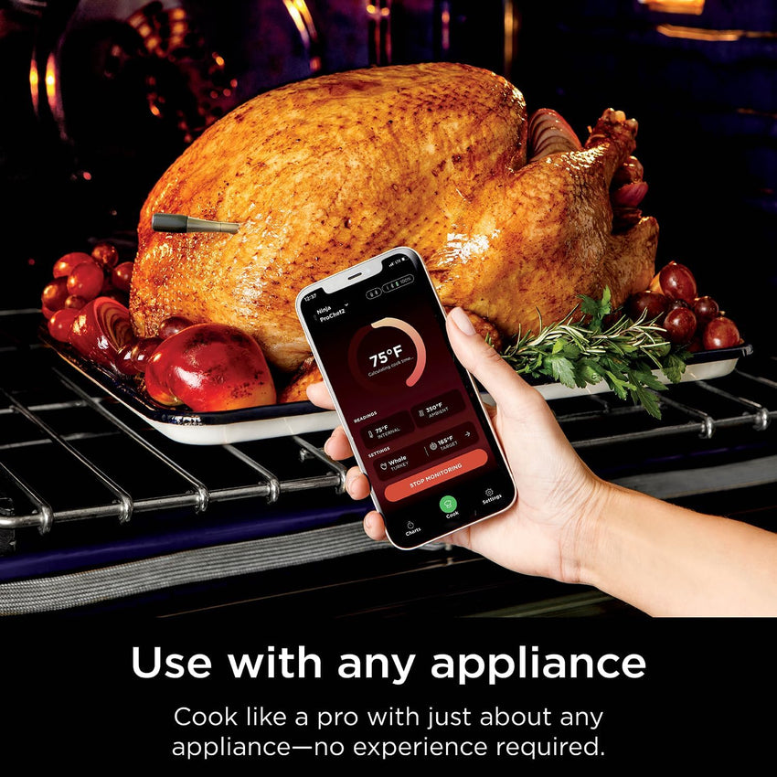 Ninja Meat Thermometer ProChef Wireless Probe for Indoor & Outdoor Air Fryer, Grill, Cooking, Smoker, Oven, Roaster, Long Range Bluetooth App Connection, Flareup Resistant, Waterproof, US Only, WP100