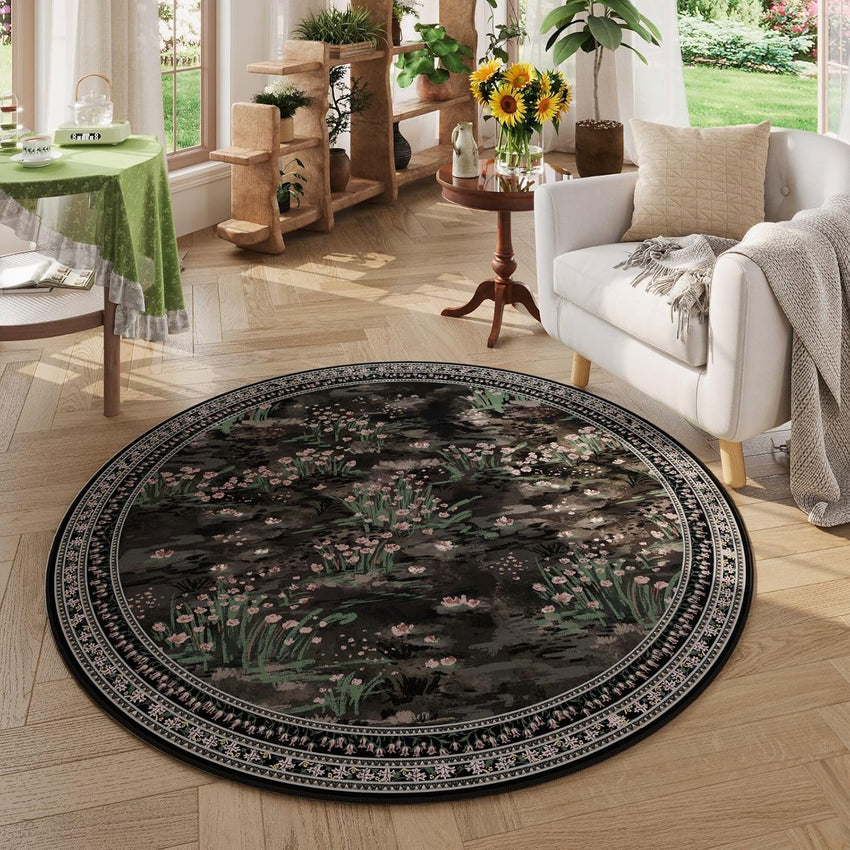 Rugcomf 4x6 Rug for Bedroom Impressionist-Style Vintage Washable Rugs Non Slip Low Pile Small Carpet for Bedside Kids Room Office Dining Room, Green