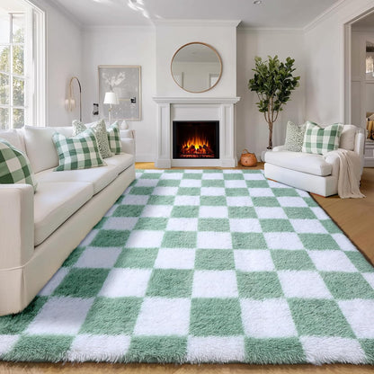 KICMOR Navy Blue and Cream White Rugs for Living Room, 4x6 Fluffy Fuzzy Shag Checkered Rug Shaggy Carpet for Bedroom, Soft Plush Area Rug for Nursery Toddler Room Classroom Study Room Kids Room