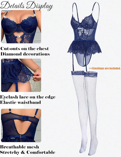 Women Lingerie Set Naughty Lace Bodysuit High Waisted Underwire Lingerie Babydoll With Garter Belt and Stockings