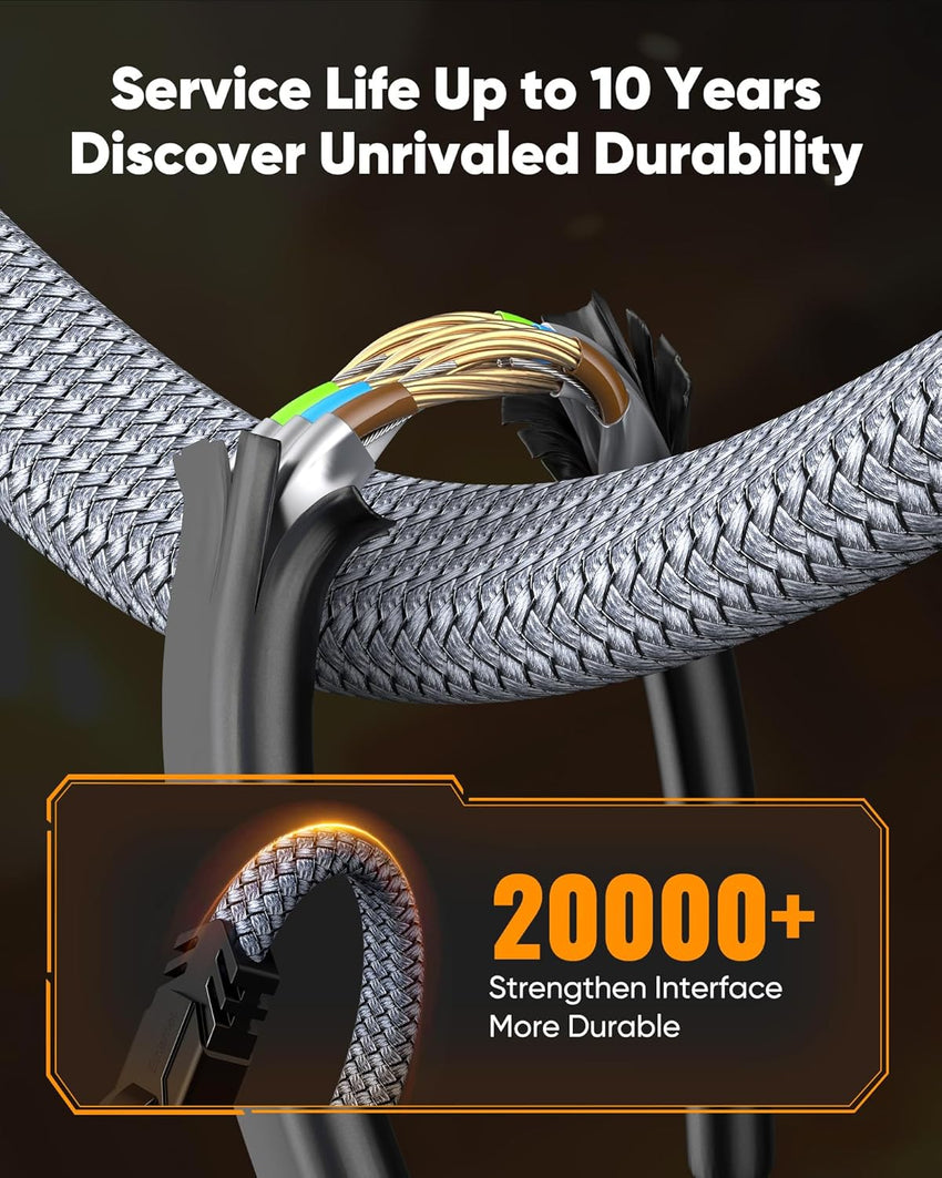 Cat 8 Ethernet Cable 100 FT,Snowkids High Speed 40Gbps,2000Mhz Braided High Duty LAN Cable,Gold Plated RJ45 Connector,S/FTP Shielded Indoor Flat 26AWG Network Cable for Modem/Router/ps-3/4/5/Gaming/PC